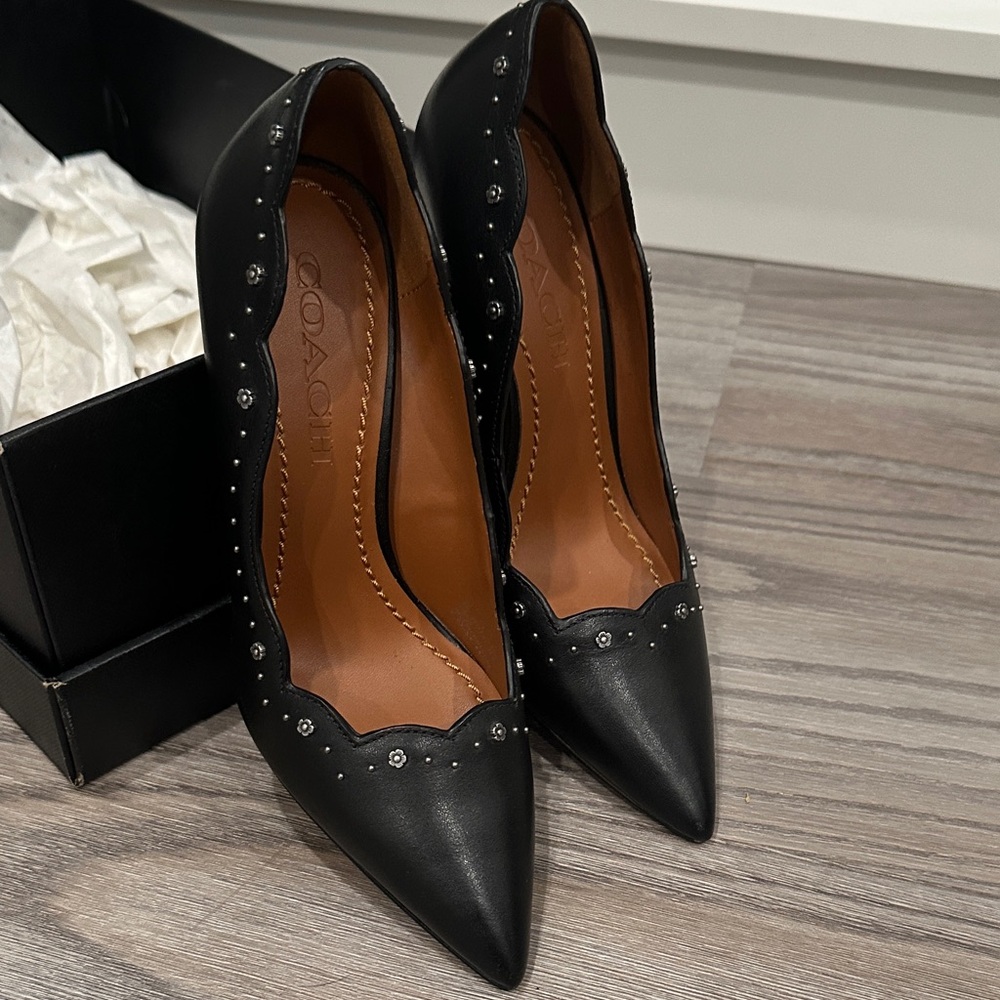 New Coach Black Scalloped Pointed-Toe Heels with Stud Detail